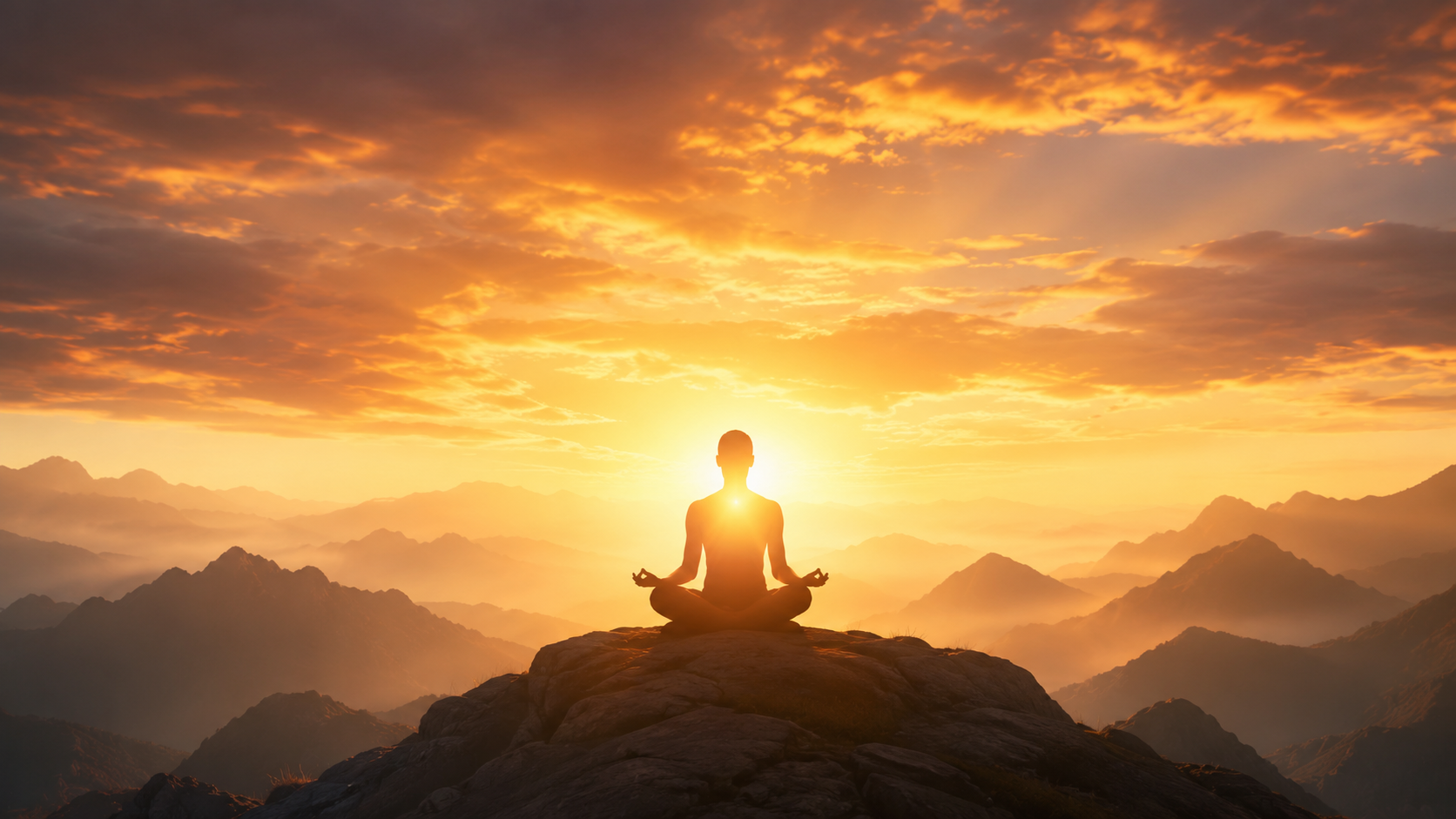 Figure meditating at sunrise on a mountain peak